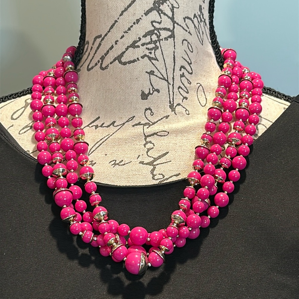 Vintage Hot Pink Colored Beads Multi Strand Beaded Bib style Necklace